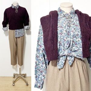 90s Blue & Green Button Front Long Sleeve Top ft. A Garden Floral | Vintage